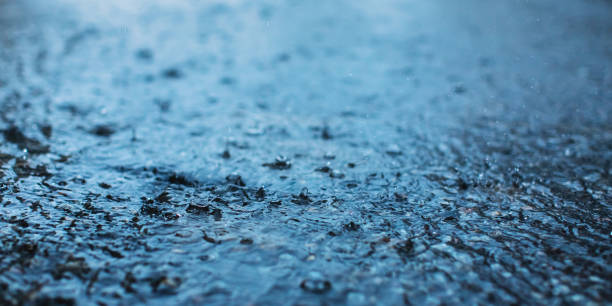 istock Raindrops on road. Wet asphalt. Rain. Weather. Puddle 1492315328