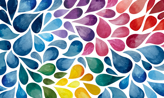 Pattern made from vibrant hand drawn watercolor raindrops. Each drop is isolated as single object.