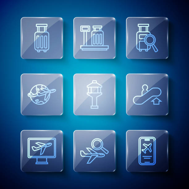 stockillustraties, clipart, cartoons en iconen met set line plane, airplane search, mobile with ticket, lost baggage, airport control tower, globe flying, suitcase and escalator up icon. vector - lost phone
