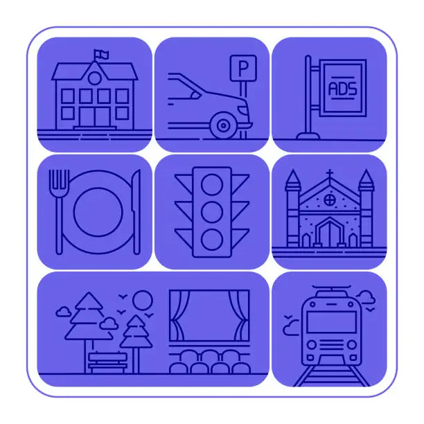 Vector illustration of City Elements Banner Line Icon Set Design