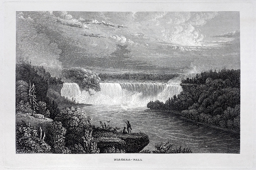 Niagara Falls (Canada / United States) with two Native Americans observing from a cliff on rare  steel engraving published in 1835 in Meyer's Universum