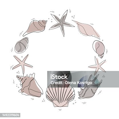 istock Seashells frame in doodle style. One line drawing of a shell. Hand drawn marine illustrations of seashells. Summer tropical ocean beach style. 1492319604