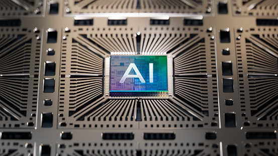 Close-up of Advanced Microchip for Artificial Intelligence Training Acceleration. AI Letters on Colorful Computer Chip.