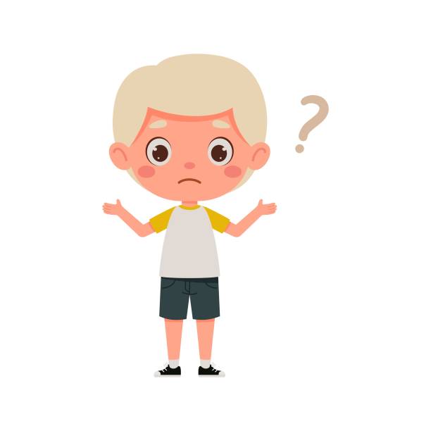 netter kleiner junge mit blonden haaren, der mit einem fragezeichen verwechselt wird. cartoon-schuljungenfigur zeigt gesichtsausdruck. vektor-illustration - cartoon question mark asking choice stock-grafiken, -clipart, -cartoons und -symbole