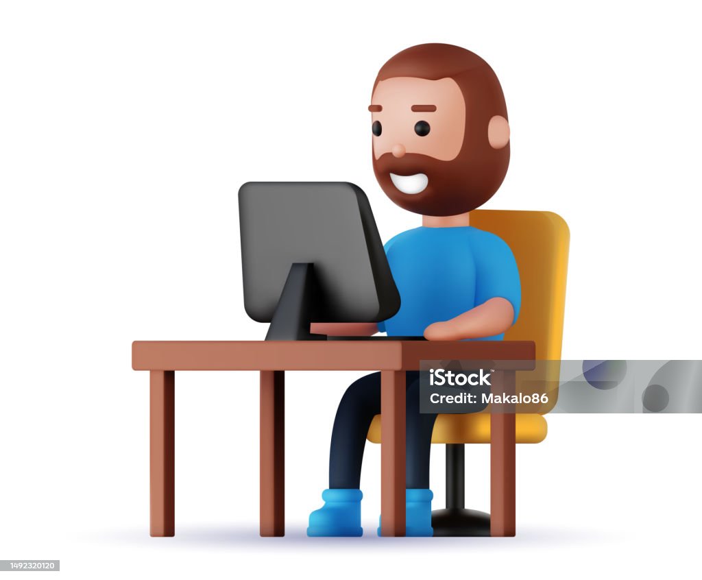 Cartoon Human On Computer 3d Vector Cartoon Character With Computer Stock Illustration - Download ...