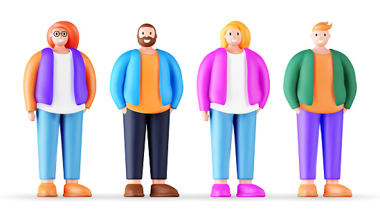 Set of 3d portraits of happy people on a white background. Cartoon characters woman and man, vector illustration. Stylized fashion characters with big body, bodypositive figure.