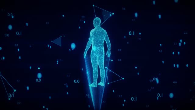 Concept technology human hologram from points, plexus and polygons in a cloud