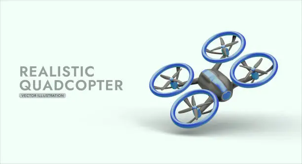 Vector illustration of 3d realistic blue quadcopter. Poster for company sells mini-drone reconnaissance