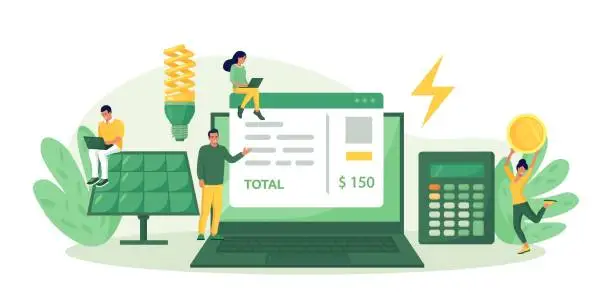 Vector illustration of People calculating utility bills and worrying about costs increase. Electricity consumption expenses. Energy statement. Efficiency  utilities consumption. Save money on payment for home heating usage