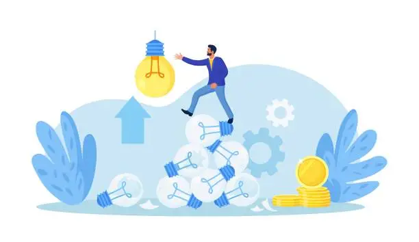 Vector illustration of Business fail, aspiration to success. Effort to invent new innovation, motivation to success. Businessman learn from mistake. Finding new solutions, generating ideas, solving problems. Brainstorming