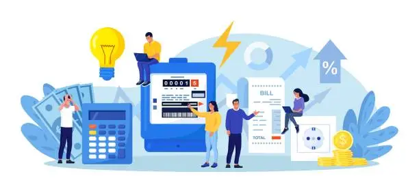 Vector illustration of People paying utilities. Invoice and electricity meter. Man worried, stressed over bill. Utility bills payment. Electricity consumption expenses. Technician repair, meter installation, energy saving