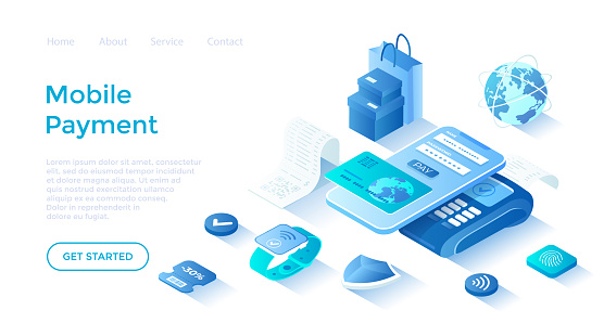Mobile contactless payment. PayPass, NFC payments. Scanning QR code. POS terminal, phone and smart watch. Landing page template for web on white background.