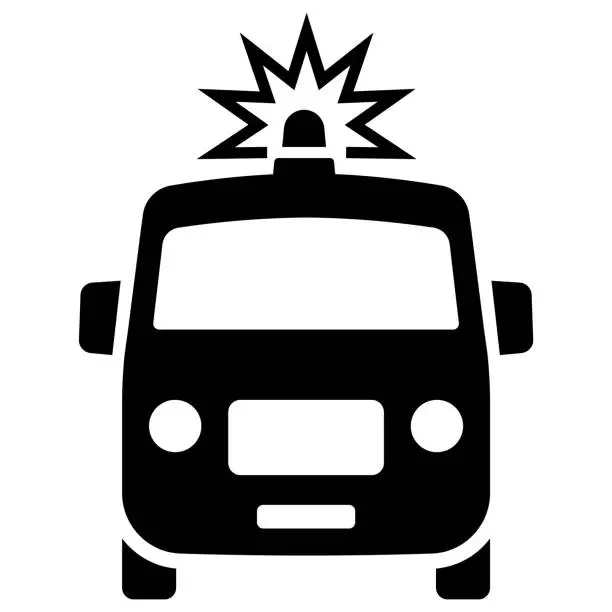 Vector illustration of Front View Ambulance Minibus Silhouette. Minibus Icon With Siren. Police Van Icon in Vector.