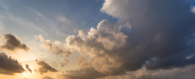 Beautiful view of sky with clouds at sunrise. Partly cloudy. Colorful sunset. Natural sky background texture, beautiful color. Sunset landscape in the sky after sunset