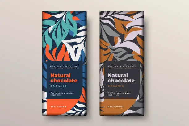 Vector illustration of Organic dark and milk chocolate bar design. Creative abstract choco packaging vector mockup. Trendy luxury product branding template with label and pattern.