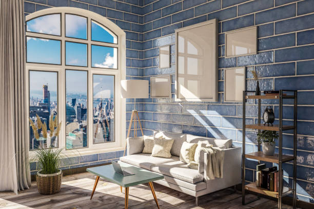 istock luxurious loft apartment with arched window and panoramic view over urban downtown; noble interior living room design mock up; 3D Illustration 1492332412