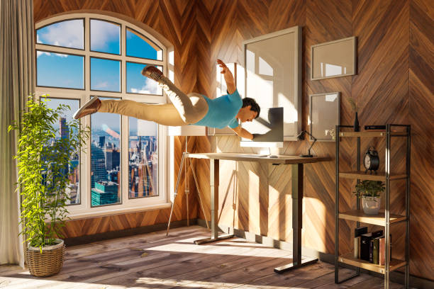 istock businessman floating in air gets sucked into pc display; surreal stress immersion and virtual reality concept; bright urban office with large window; 3D Illustration 1492332698