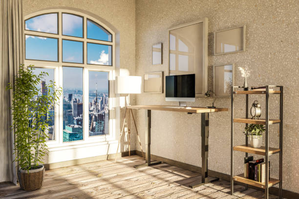 istock modern standing desk pc workplace in daylight downtown skyline office; home decoration desing and home office concept; 3D Illustration 1492332715