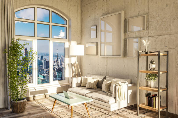 istock luxurious loft apartment with arched window and panoramic view over urban downtown; noble interior living room design mock up; 3D Illustration 1492332880