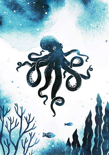 Vertical vector silhouette of octopus and seaweed. Watercolor seascape illustration with splashes. Marine underwater life. Useful for poster, banner, card