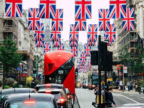 London, UK - 10 May, 2023: many British flags are strung across Regent Street in central London in honour of the coronation of King Charles III.