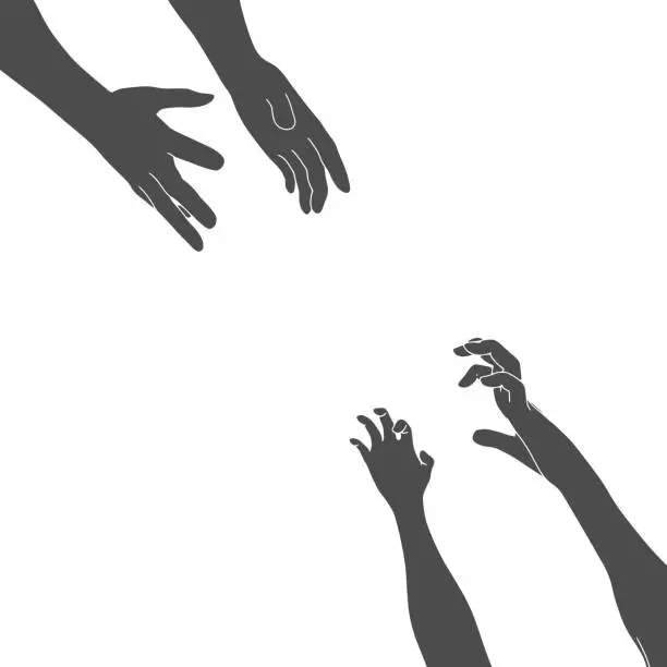 Vector illustration of Human hands reaching out to one another, almost touching. Help concept