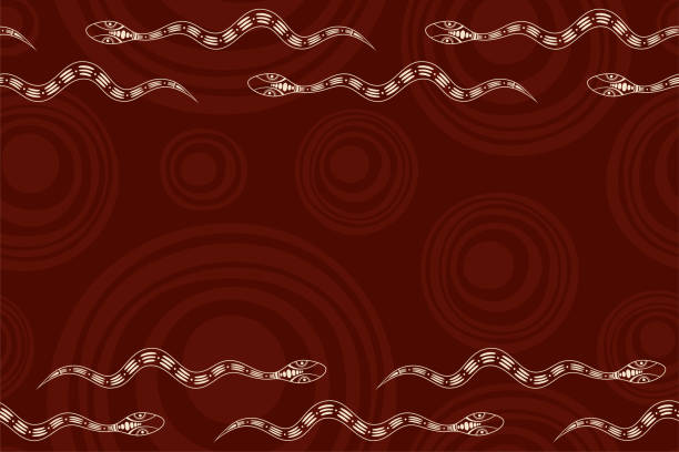 ilustrações, clipart, desenhos animados e ícones de teste padrão horizontal sem emenda da beira com serpente e formas redondas lisas no fundo. - cultura aborígene australiana