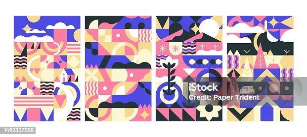 istock Geometric landscapes, vertical posters set. Nature, agriculture, flowers, trees stylized in abstract geometry-shaped pattern. Modern cover and cards designs. Colored flat vector illustrations 1492337555