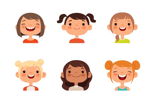 Smiling girls faces. Female children with happy smiles, women kids portraits, little lady joyful emotions. Illustration of female smile and child student face
