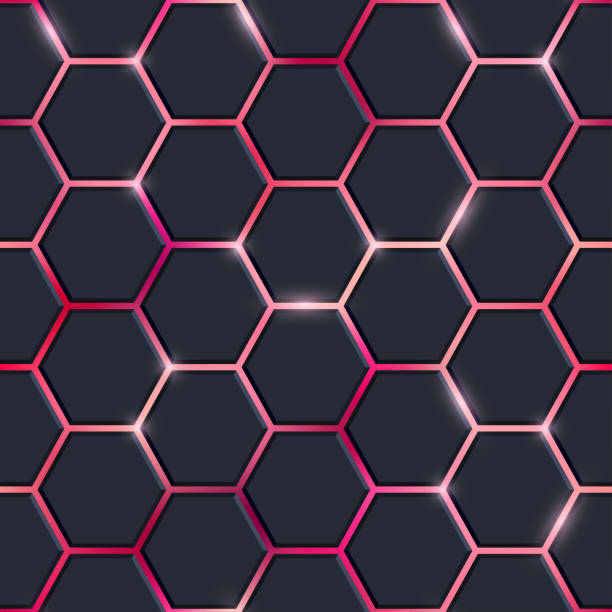 istock Abstract black hexagon tiles seamless pattern with shiny flares on red background. Modern technology luminous cells texture. Vector glowing game hexagon background 1492338061