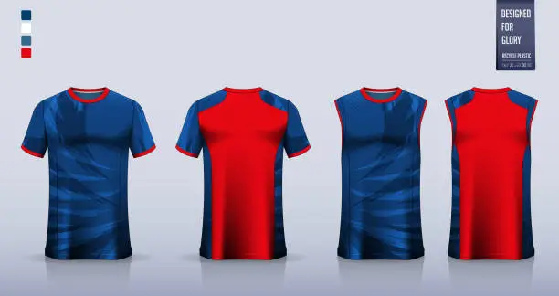 Vector illustration of T-shirt mockup, sport shirt template design for soccer jersey, football kit. Tank top for basketball jersey, running singlet. Fabric pattern for sport uniform in front and back view.