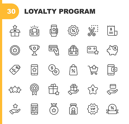 30 Loyalty Program Outline Icons. Loyalty, Gift, Box, Shipping, Benefits, Perks, Loyalty Card, Gift Card, Money, Finance, Savings, Mobile App, Digital Marketing, Customer Experience, Invoice, Coin, Award, Payments, Piggy Bank, Label, Promotion, Exchange, Smartphone, Five Star, Rating, Quality, Badge, Web Banner, Credit Card, Shopping, Sale, Wealth, Comparison, Satisfaction.