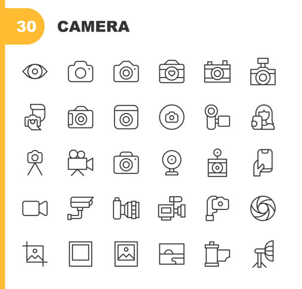 카메라 라인 아이콘. 편집 가능한 스트로크, 카메라, 디지털, 영향력, 영화, 사진, 사진, 사진, 보안 카메라, 소셜 미디어, 텔레비전, 비디오, 비디오 콜, 비디오 컨퍼런스, 빈티지, 웹캠과 같은 아� - conference call flash stock illustrations