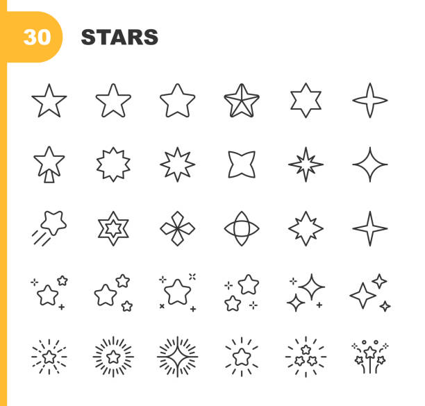 ilustrações de stock, clip art, desenhos animados e ícones de star line icons. editable stroke. pixel perfect. for mobile and web. contains such icons as star shape, celebrities, rating, quality, award, ornate, lens flare, christmas, new year’s eve, glamour, sparks glitter, party, decoration, firework, luxury. - star shape flash