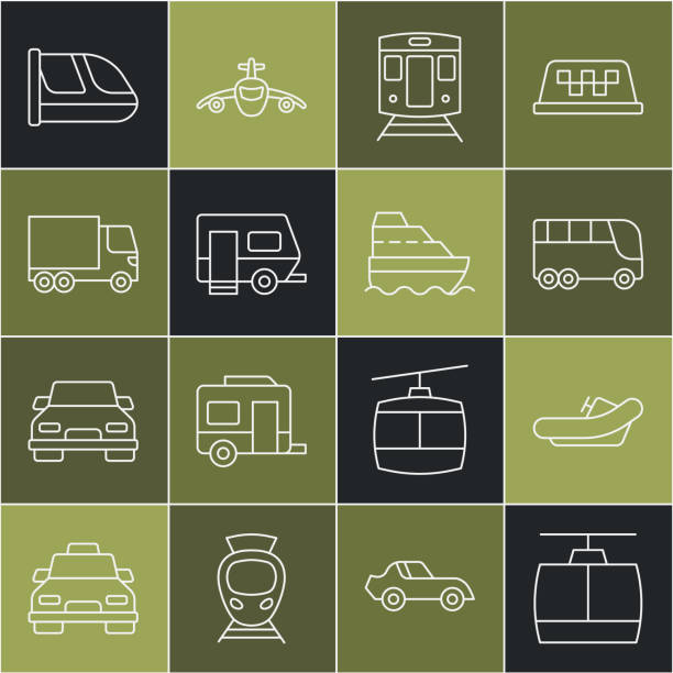 illustrazioni stock, clip art, cartoni animati e icone di tendenza di imposta la linea funivia, rafting boat, bus, treno e ferrovia, rimorchio rv camping, delivery cargo truck e cruise ship icon. vettore - train silhouette pop art locomotive