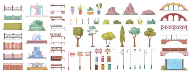 Vector illustration of City park elements cartoon set of summer trees and bushes, bridges and benches, street lights and fences, fountains and stones buildings, grass isolated vector illustration icons