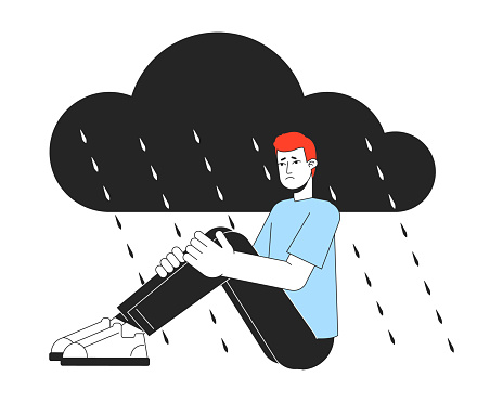 Seasonal affective disorder flat line concept vector spot illustration. Guy feeling upset in rainy day 2D cartoon outline character on white for web app UI design. Sadness editable colorful hero image