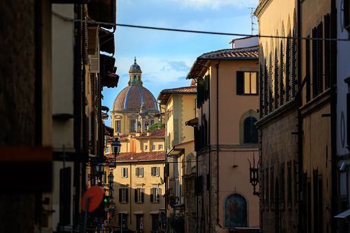 Top cityscape view on the dome of Santa Maria del Fiore church and old town in Florence