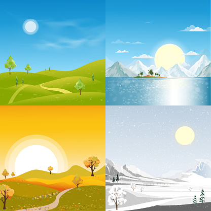 four seasons landscape,Winter, Spring, Summer and Autumn or Fall,Vector illustration panoramic banner of all Seasons Nature with Mountain, Forest,Tree,Park and Sea beach Holiday background