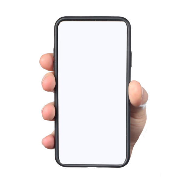 male hand holding phone with blank white screen