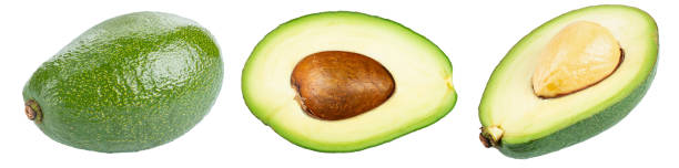 avocado-kollektion isoliert auf weiß. frisches gemüse. - avocado portion brown apple core stock-fotos und bilder