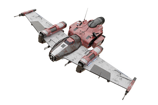 Futuristic science fiction fantasy fighter space craft in flight. Isolated 3D rendering.