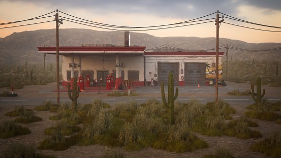 Remote gas station surrounded by dry desert grass and cactus plants. 3D rendering.