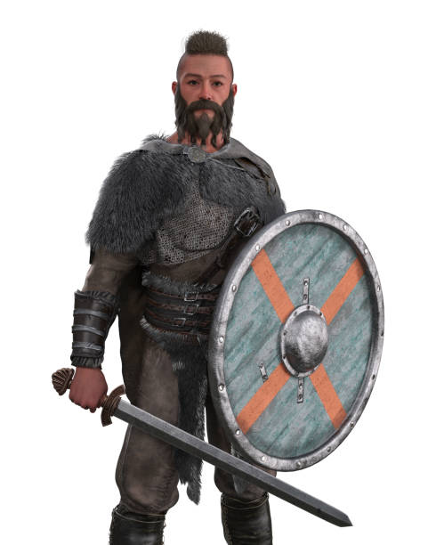 istock Viking warrior bearded man standing with sword and shield ready for battle. Isolated 3D illustration. 1492346213