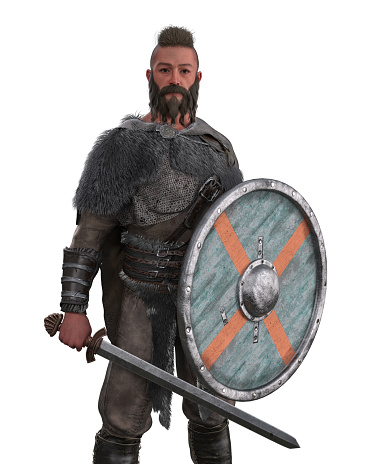 Viking warrior bearded man standing with sword and shield ready for battle. Isolated 3D rendering.