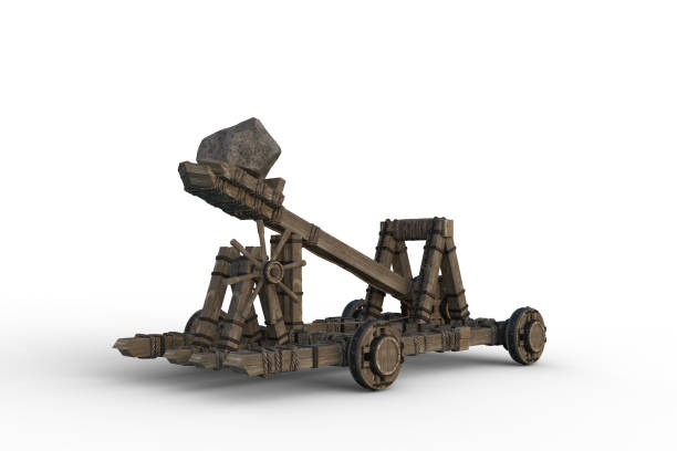 바퀴가 달린 목조 중세 투석기 무기의 격리된 3d 렌더링. - slingshot weapon medieval siege 뉴스 사진 이미지