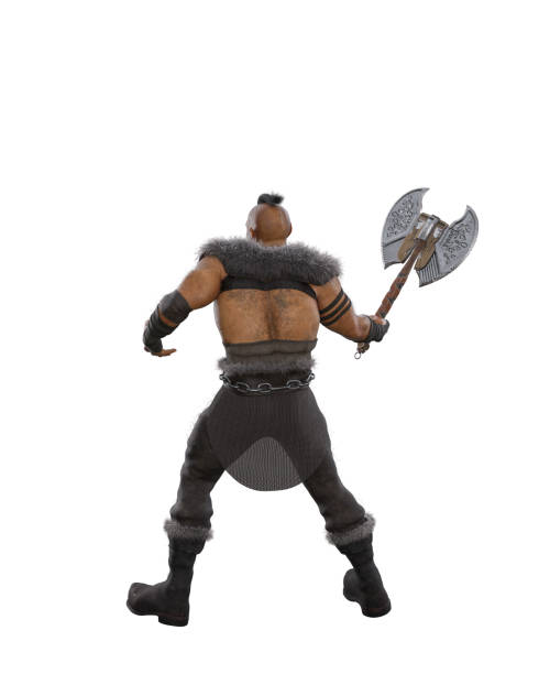 istock Fantasy Orc warrior weilding a double headed axe facing away from camera. Isolated 3D rendering. 1492346226