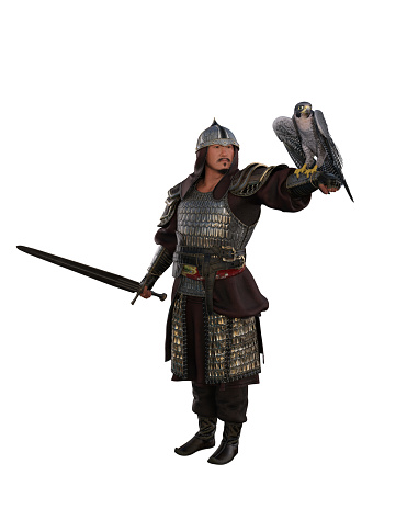 Historical Mongolian conquerer Genghis Khan standing in armour with sword in right hand a Falcon bird on his left arm. Isolated 3D illustration.