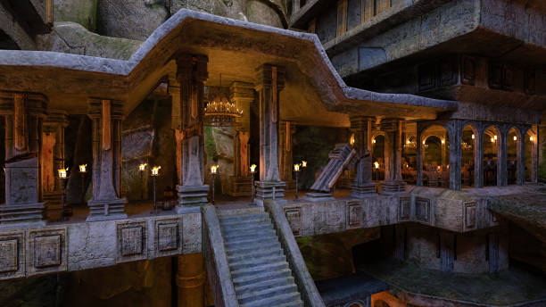 istock Fantasy underground mine and home of the dwarves lit by burning fire torches. 3D rendering. 1492346265