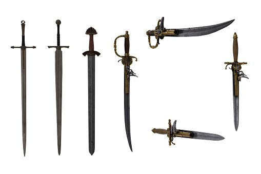 Set of fantasy sword and pirate weapons. 3D illustration isolated.